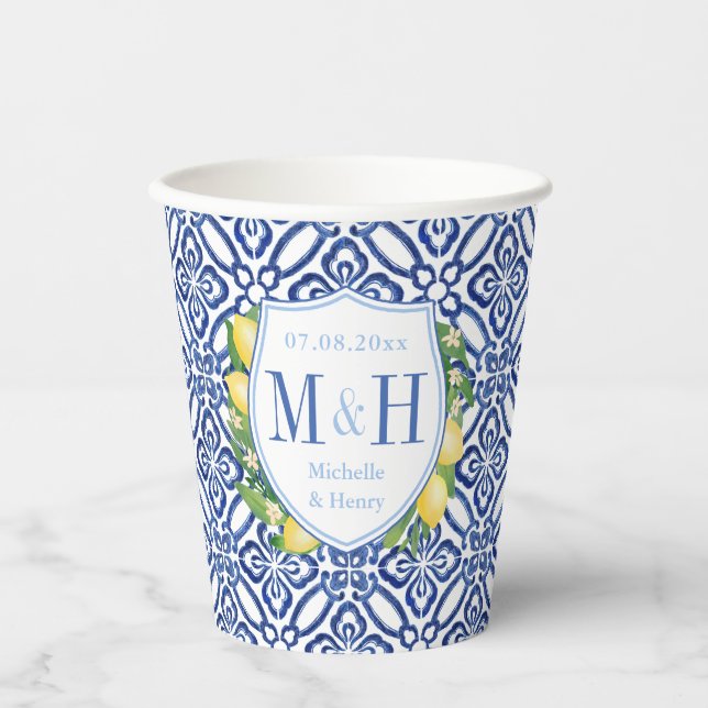 Amalfi Lemons Wedding Shower Couples Monogram Paper Cups (Front)