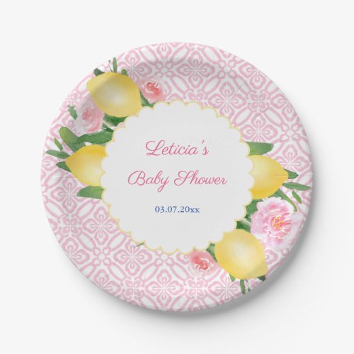Amalfi Lemons With Pink Tiles And Pink Flowers Paper Plates