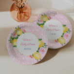 Amalfi Lemons With Pink Tiles And Pink Flowers Paper Plates<br><div class="desc">Handpainted lemons accented with pink watercolor flowers against a pink and white background pattern based on a vintage tile. If you prefer the center circle with a plain edge (rather than scalloped), this option is available. Underneath the text customization boxes, "click to customize further" then go to the "layers" area...</div>