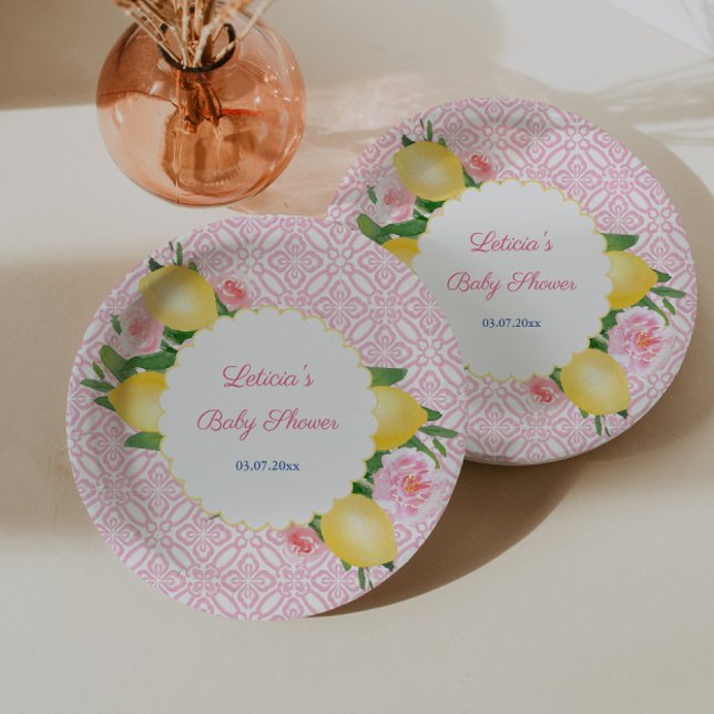 Amalfi Lemons With Pink Tiles And Pink Flowers Paper Plates (Pretty pink and white baby shower baby plates with watercolor lemons and scallop border)