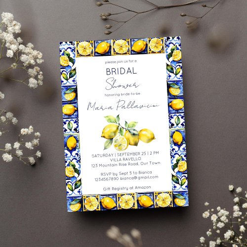 Amalfi Positano blue tiles lemons bridal shower Invitation