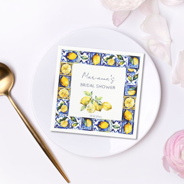 Amalfi Positano blue tiles lemons bridal shower Napkins (Amalfi Sicilian Majoica blue tiles lemons bridal shower tableware personalized napkins citrus themed)