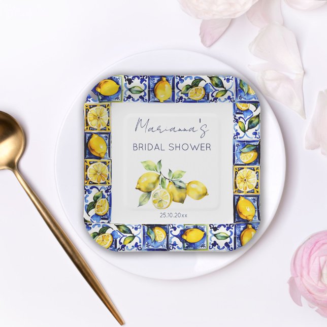 Amalfi Positano blue tiles lemons bridal shower Paper Plates (Amalfi Positano blue Majolica tiles lemons bridal shower tableware personalized napkins watercolor)