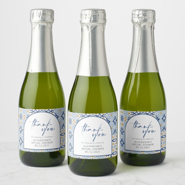 Amalfi Positano Mediterranean Blue Tile Thank You  Sparkling Wine Label (Bottles)