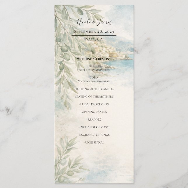 Amalfi Reverie Mediterranean Coast Wedding Program (Front)