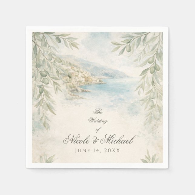 Amalfi Reverie — Mediterranean Coastal Wedding Napkins (Front)