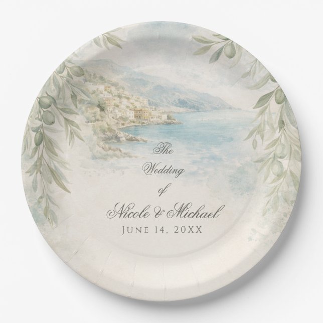 Amalfi Reverie — Mediterranean Coastal Wedding Paper Plates (Front)