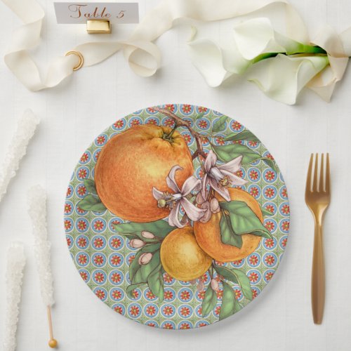 Amalfi Round Oranges Tile Wedding Paper Plate