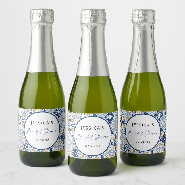 Amalfi Tile Blue Yellow Bridal Shower   Sparkling Wine Label (Bottles)