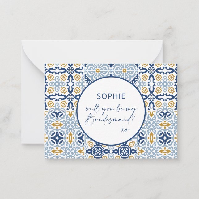 Amalfi Tile Blue Yellow Will You Be My Bridesmaid Note Card (Front)