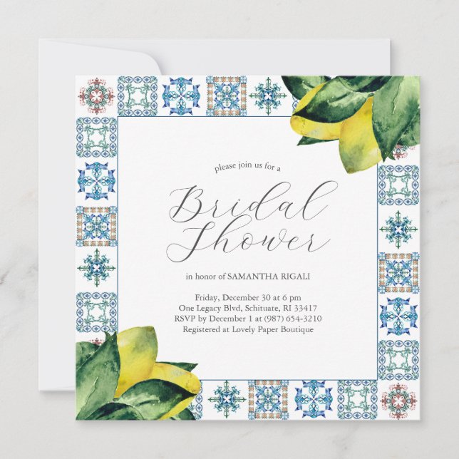 Amalfi Tile & Watercolor Lemon Bridal Shower Invitation (Front)