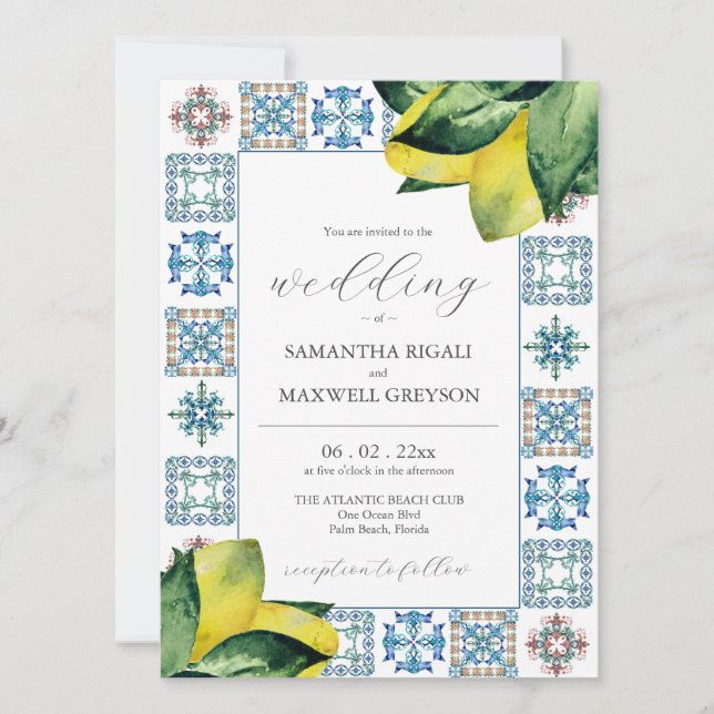 Amalfi Tile & Watercolor Lemon Wedding Invitations (Front)