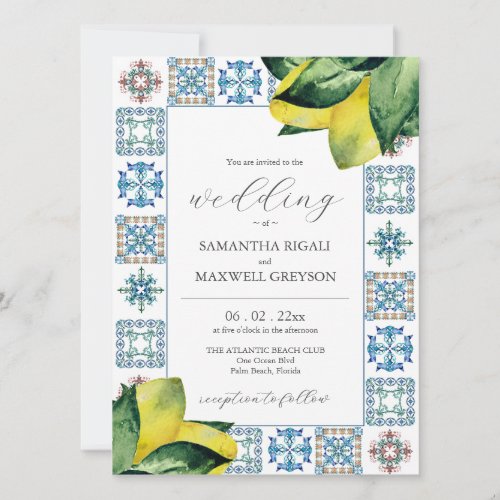 Amalfi Tile  Watercolor Lemon Wedding Invitations