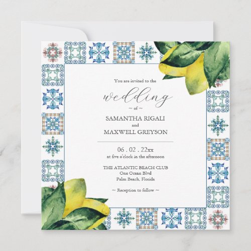 Amalfi Tile  Watercolor Lemon Wedding Invitations