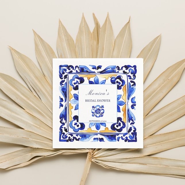 Amalfi Vietri Italian blue tiles bridal shower Napkins (Amalfi Vietri Italian blue tiles bridal shower tableware personalized Napkins Mediterranean themed)