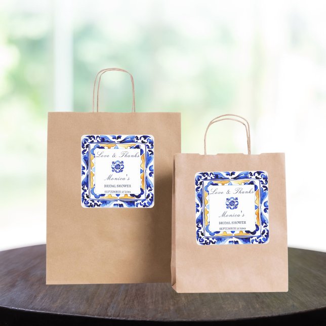 Amalfi Vietri tiles Italian bridal shower favor Square Sticker (Amalfi Vietri tiles Italian bridal shower favor Sticker Mediterranean blue aulejo tiles thank you )