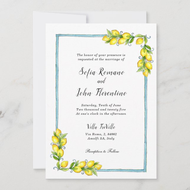 Amalfi watercolor Lemons vintage wedding  Invitation (Front)