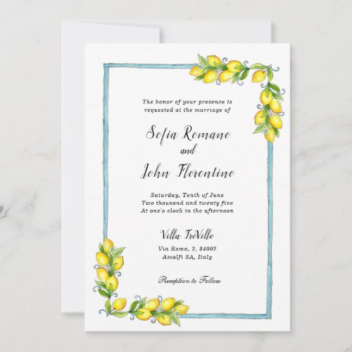 Amalfi watercolor Lemons vintage wedding  Invitation