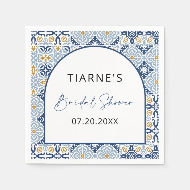 Amalfi Yellow Blue Tile Custom Bridal Shower Napkins (Front)