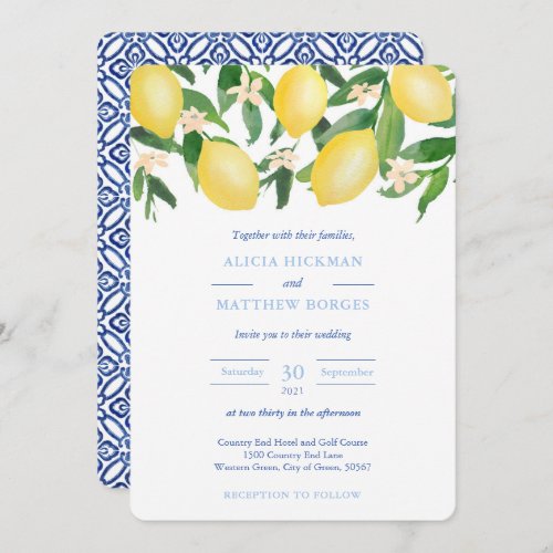 Amalfi Zesty Lemons Vintage Blue Tiles Wedding Invitation - Fresh citrus wedding invitations featuring vibrant watercolor lemons and glossy green leaves with pretty blossoms, complemented by cobalt blue and white tile reverse side.