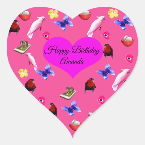 Amanda Happy Birthday Logo With Butterflies Heart Sticker
