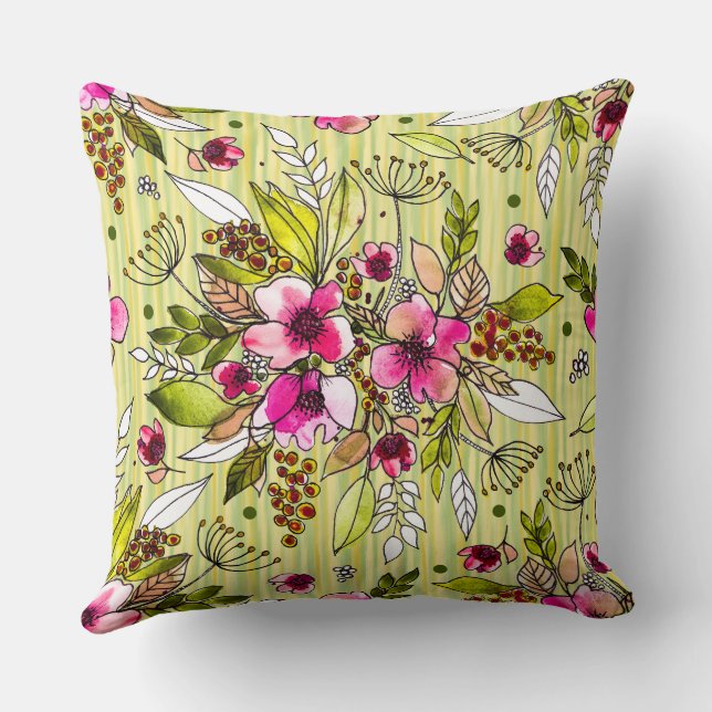 Amanda-Pink Floral on Yellow Green Stripes Throw Pillow (Back)