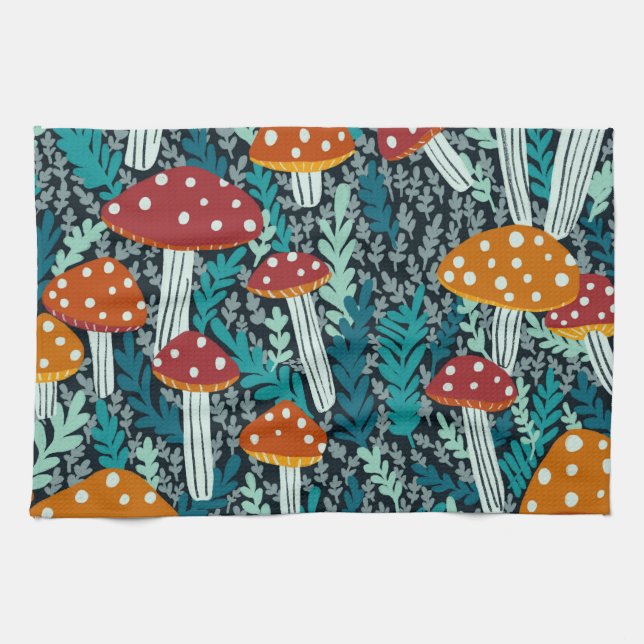 Amanita Magical Mushroom Fern Forest Pattern Kitchen Towel (Horizontal)