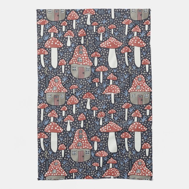 Amanita Magical Mushroom Village Cute Illustration Kitchen Towel (Vertical)
