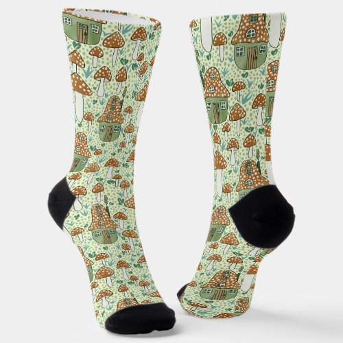Amanita Magical Mushroom Village Cute Illustration Socks