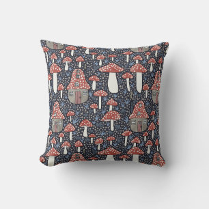 Amanita Magical Mushroom Village Cute Illustration Throw Pillow