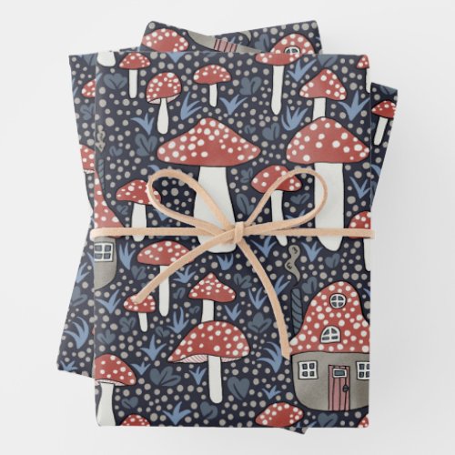 Amanita Magical Mushroom Village Cute Illustration Wrapping Paper Sheets