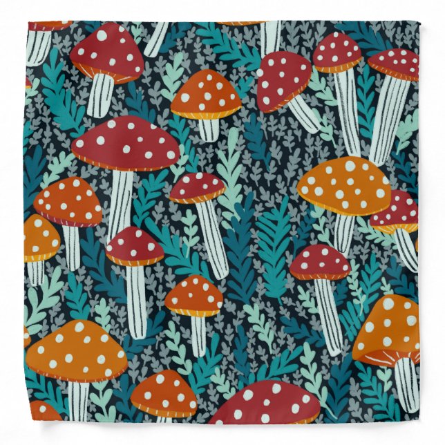 Amanita Magical Mushrooms Fern Forest Pattern Bandana (Front)