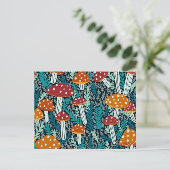 Amanita Magical Mushrooms Fern Forest Pattern Postcard (Standing Front)