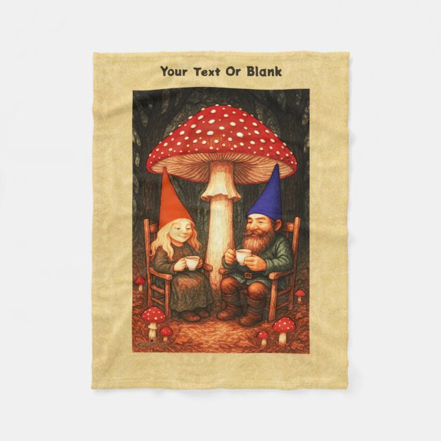 Amanita Mushroom and Gnomes Fleece Blanket (Front)