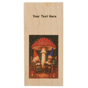 Amanita Mushroom and Gnomes Wood Flash Drive