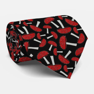 Amanita Mushroom Pattern on Black Fungus Fungi Neck Tie