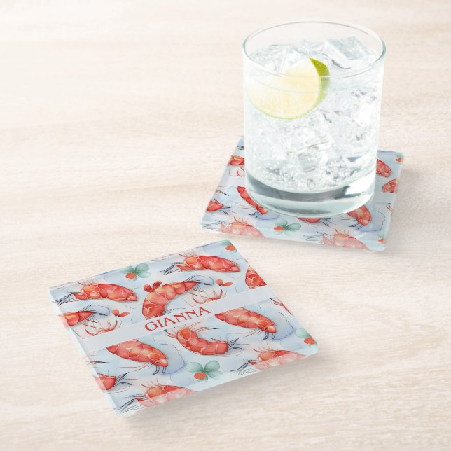 Amano Shrimp Watercolor Colorful Pattern Glass Coaster (Angled)