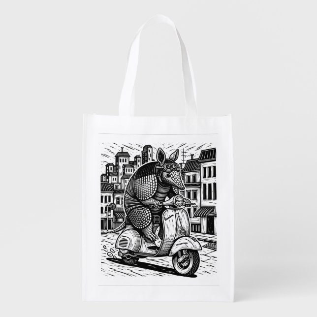 Amardillo riding a Vespa T-shirt Grocery Bag (Front)