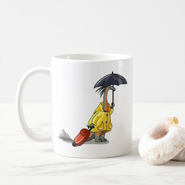 Amargasaurus Holding Umbrella And Suitcase. Coffee Mug (With Donut)
