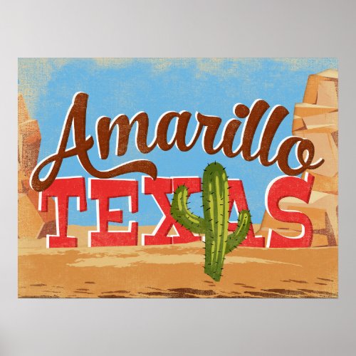 Amarillo Texas Cartoon Desert Vintage Travel Poster