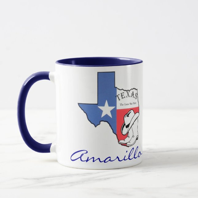 Amarillo Texas State Map with Star, Boots, Hat Mug (Left)
