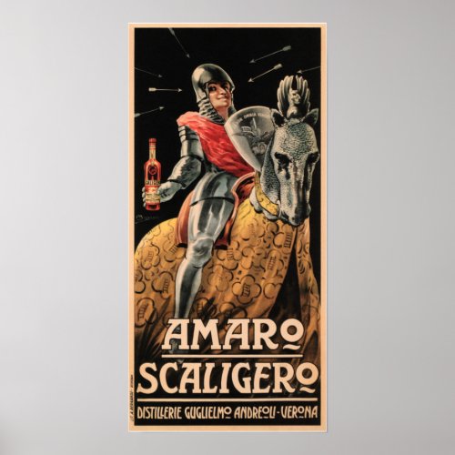 AMARO SCALIGERO Knight Vintage Italian Liqueur Ad Poster