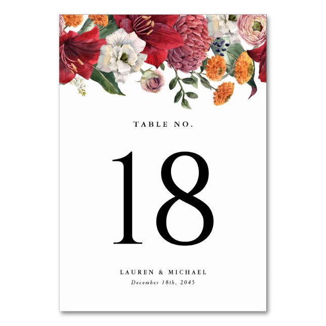 Amaryllis and Chrysanthemums Botanical Wedding Table Number (Back)
