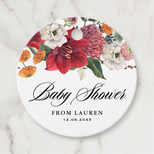 Amaryllis and Chrysanthemums Floral Baby Shower Favor Tags (Front)