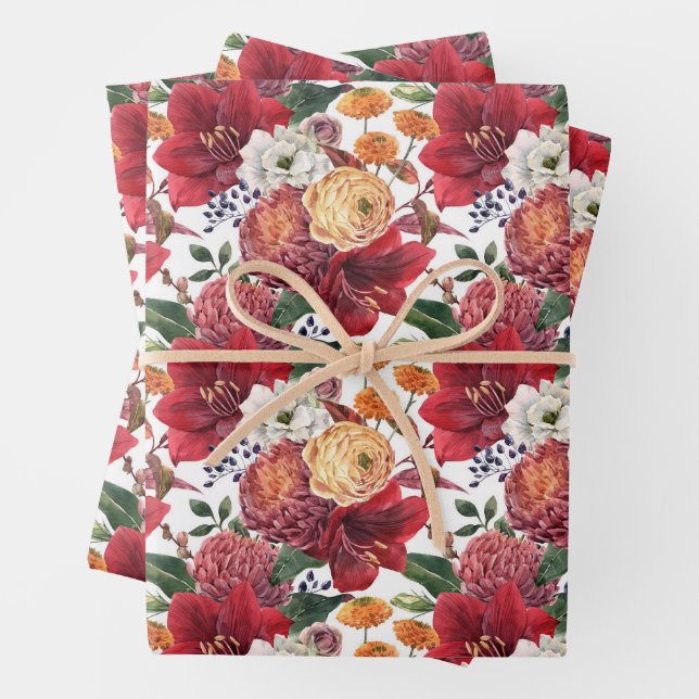 Amaryllis and Chrysanthemums Floral Pattern Wrapping Paper Sheets (In situ)