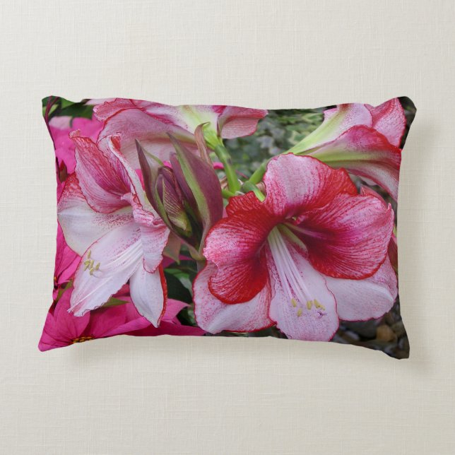 Amaryllis and Poinsettia Red Holiday Flowers Accent Pillow (Back)
