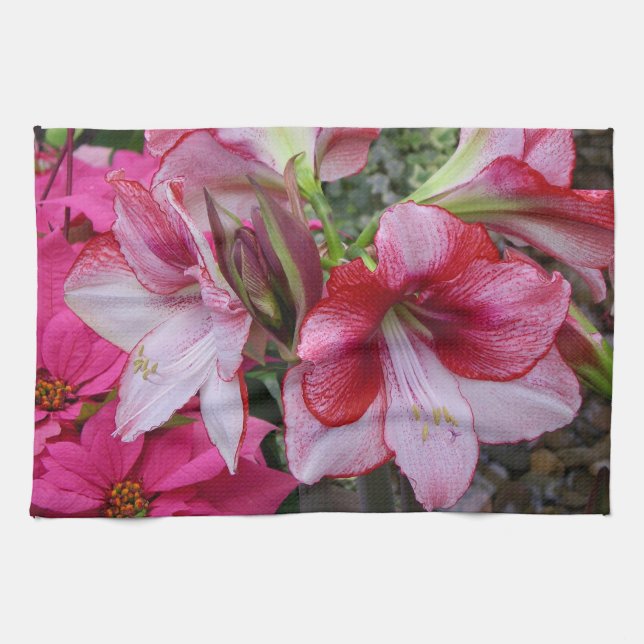 Amaryllis and Poinsettia Red Holiday Flowers Towel (Horizontal)