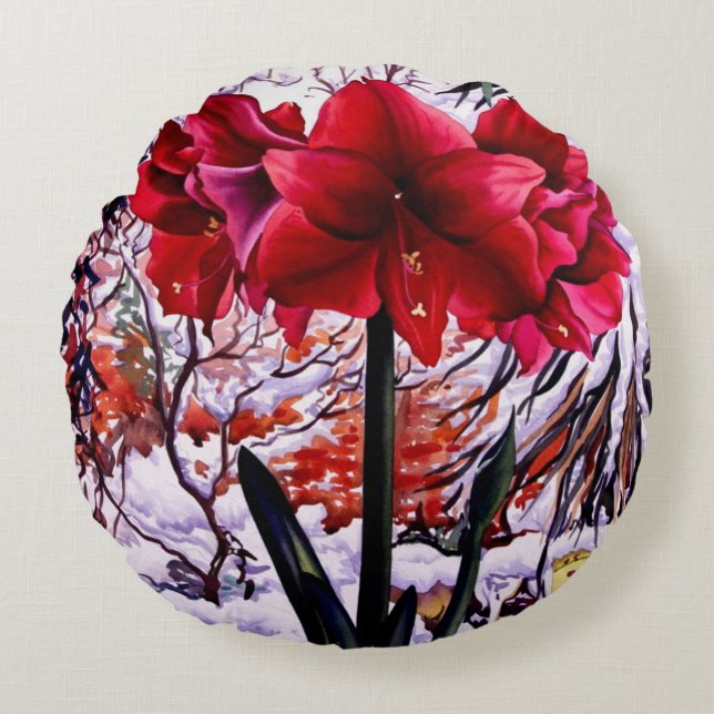 Amaryllis by Snow Window Round Pillow (Front)