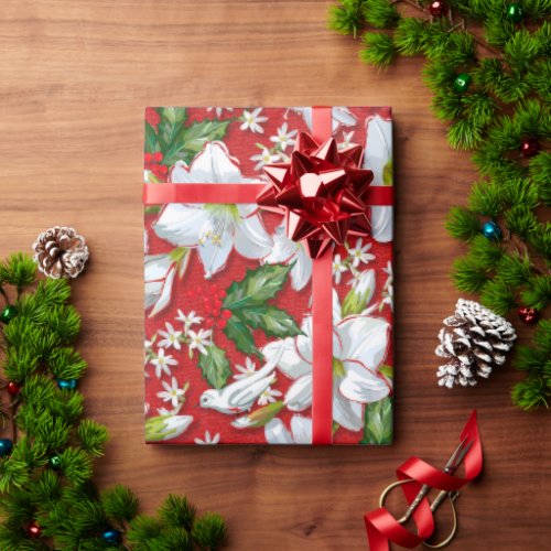 Amaryllis Doves  Holly Christmas Wrapping Paper