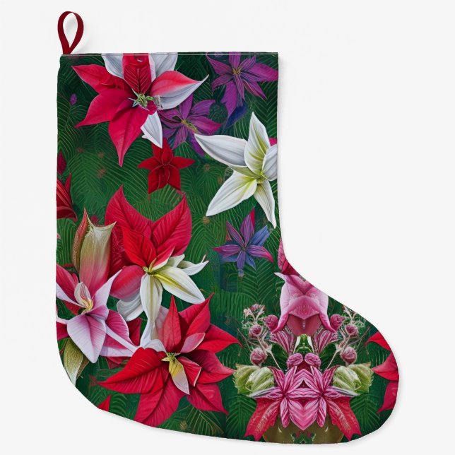 Amaryllis Flowers and pine  Large Christmas Stocking (Front)